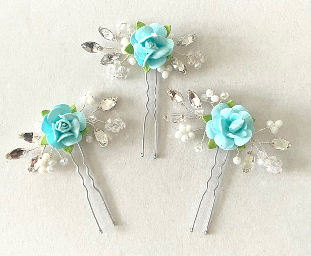 Set of 3 Floral Bobby Pins - Light Blue