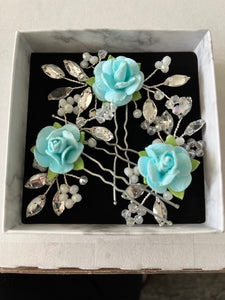 Set of 3 Floral Bobby Pins - Light Blue
