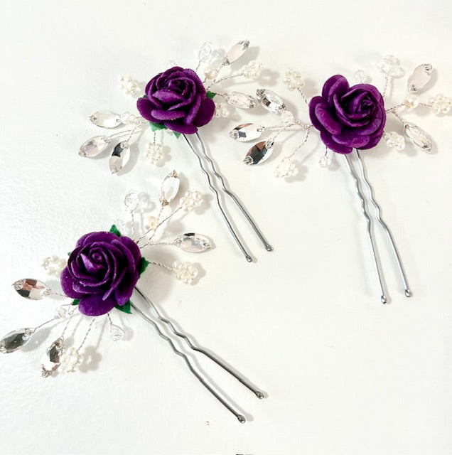 Set of 3 Floral Bobby Pins - Purple