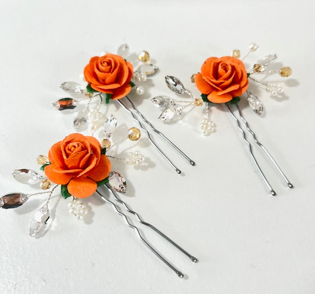 Set of 3 Floral Bobby Pins - Orange