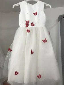 Girls Ivory Flower Girl Dress with Red Butterflies- Age 6